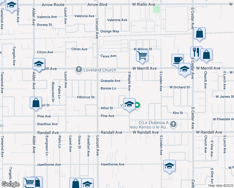 map of restaurants, bars, coffee shops, grocery stores, and more near 9050 Dumond Drive in Fontana