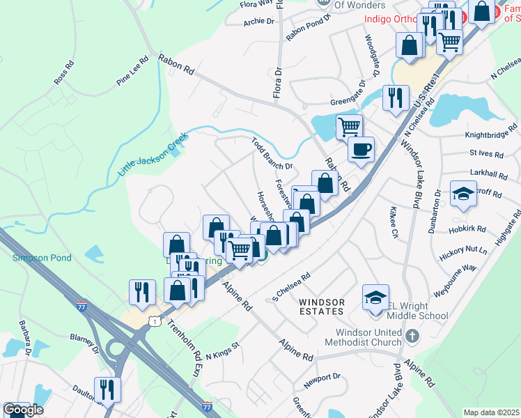map of restaurants, bars, coffee shops, grocery stores, and more near 109 Horseshoe Circle in Columbia