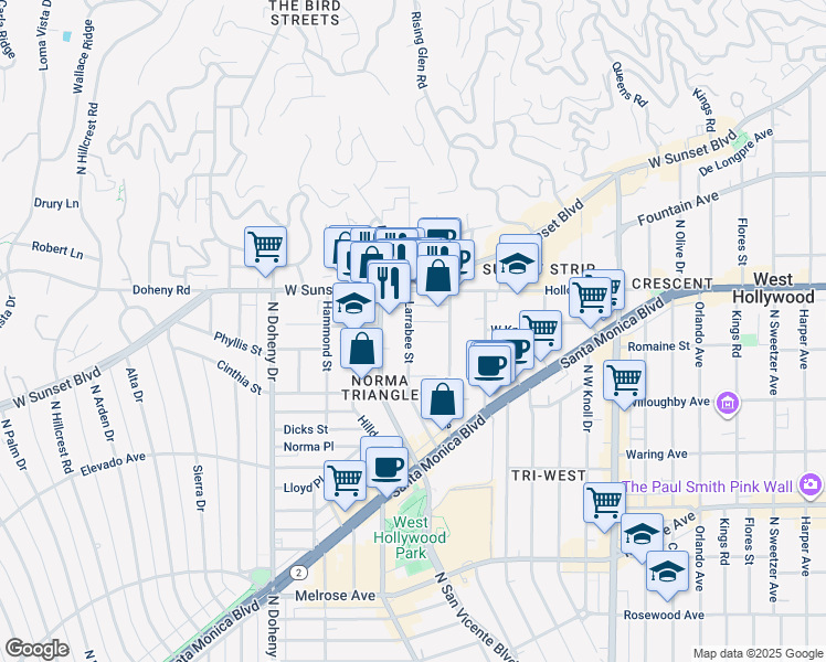 map of restaurants, bars, coffee shops, grocery stores, and more near 968 Larrabee Street in West Hollywood