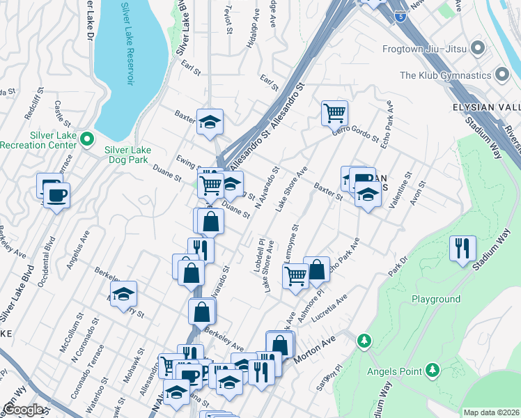 map of restaurants, bars, coffee shops, grocery stores, and more near 1936 North Alvarado Street in Los Angeles