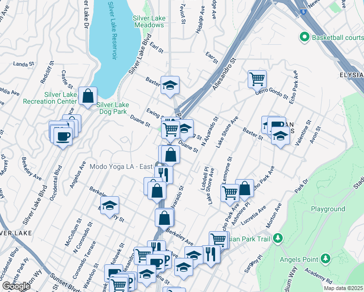 map of restaurants, bars, coffee shops, grocery stores, and more near 2150 Duane Street in Los Angeles