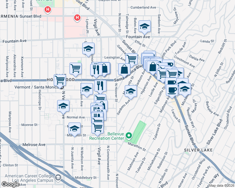 map of restaurants, bars, coffee shops, grocery stores, and more near 980 North Hoover Street in Los Angeles
