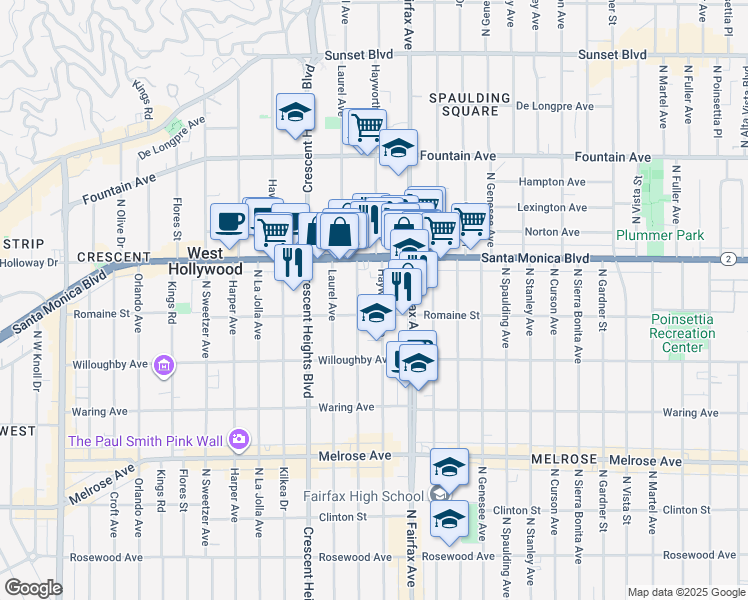 map of restaurants, bars, coffee shops, grocery stores, and more near 1000 North Edinburgh Avenue in West Hollywood