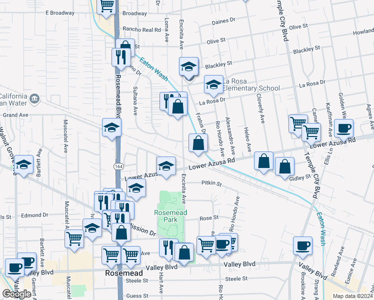 map of restaurants, bars, coffee shops, grocery stores, and more near 9208 Roseglen Street in Temple City