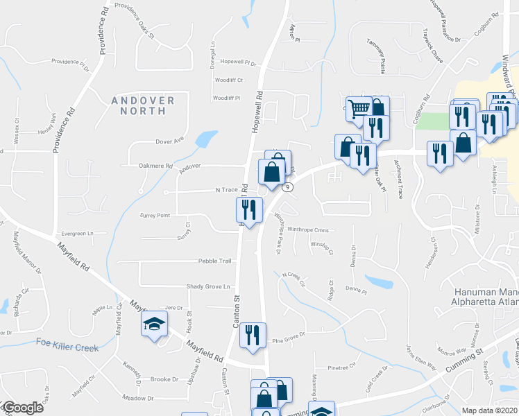 map of restaurants, bars, coffee shops, grocery stores, and more near 2102 Windrush Lane in Alpharetta