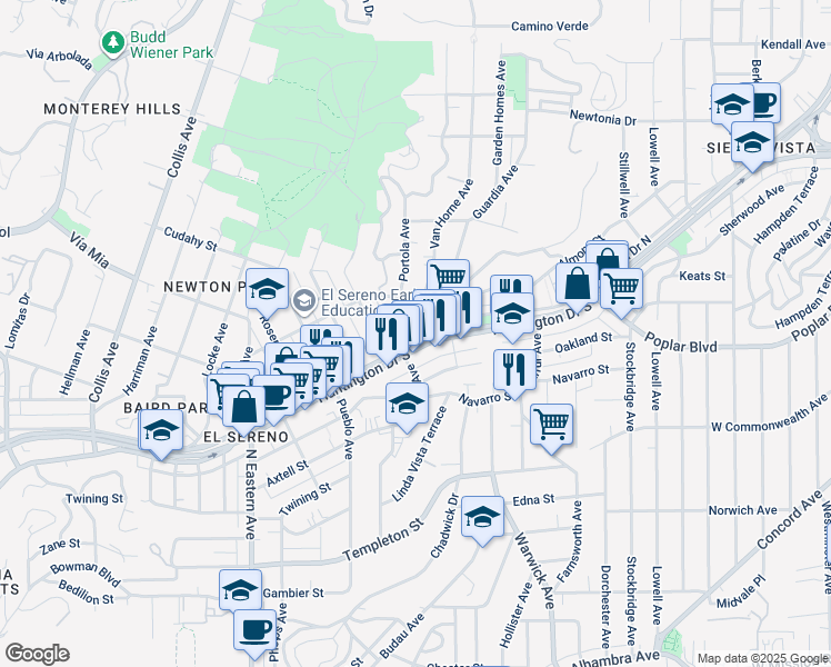 map of restaurants, bars, coffee shops, grocery stores, and more near 5053 1/2 Huntington Drive North in Los Angeles