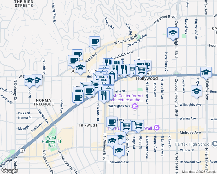 map of restaurants, bars, coffee shops, grocery stores, and more near 1007 North Alfred Street in West Hollywood