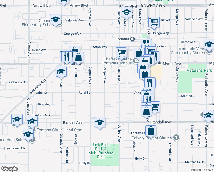 map of restaurants, bars, coffee shops, grocery stores, and more near 9053 Pepper Avenue in Fontana