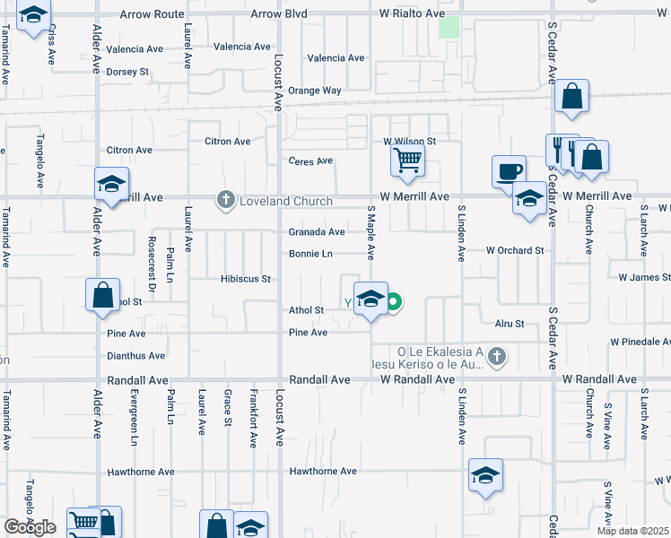 map of restaurants, bars, coffee shops, grocery stores, and more near 9050 Dumond Drive in Fontana