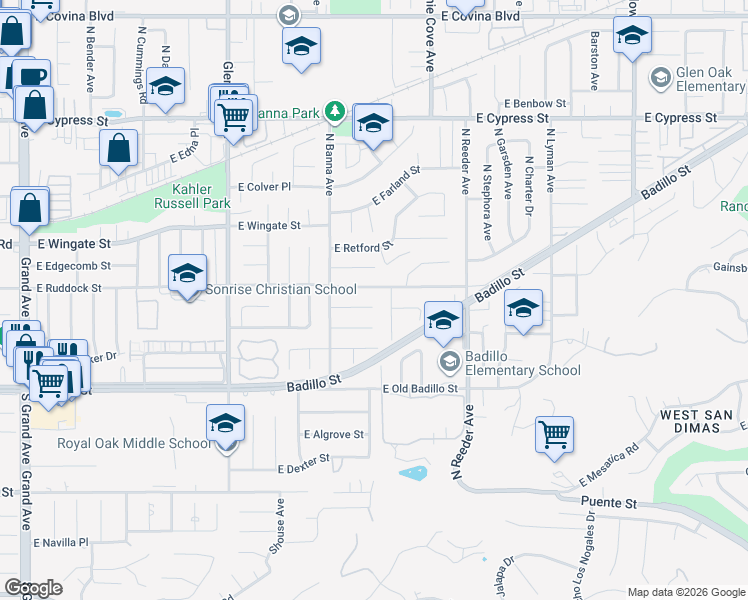 map of restaurants, bars, coffee shops, grocery stores, and more near 1571 East Palm Drive in Covina