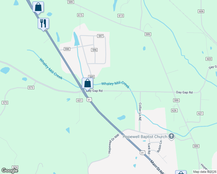 map of restaurants, bars, coffee shops, grocery stores, and more near 1260 County Road 616 in Hanceville