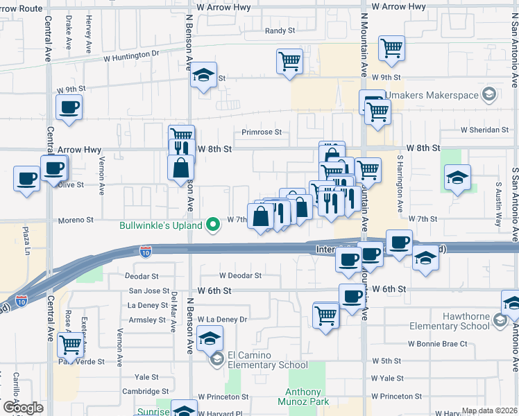 map of restaurants, bars, coffee shops, grocery stores, and more near 1453 West 7th Street in Upland