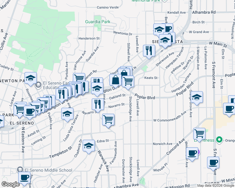 map of restaurants, bars, coffee shops, grocery stores, and more near 5343 Oakland Street in Los Angeles