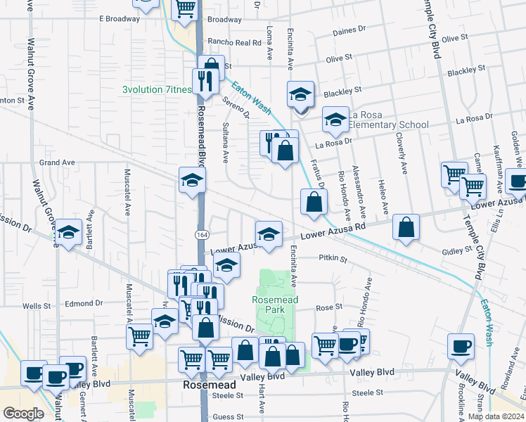 map of restaurants, bars, coffee shops, grocery stores, and more near 9208 Roseglen Street in Temple City