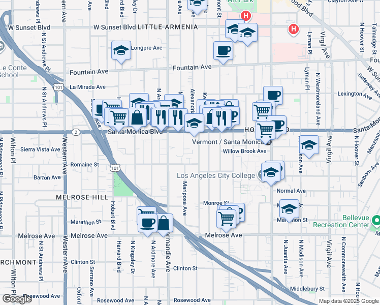 map of restaurants, bars, coffee shops, grocery stores, and more near 1006 North Mariposa Avenue in Los Angeles