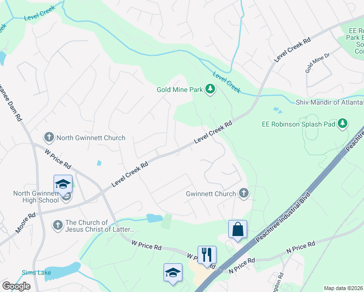 map of restaurants, bars, coffee shops, grocery stores, and more near 313 Level Creek Road in Buford