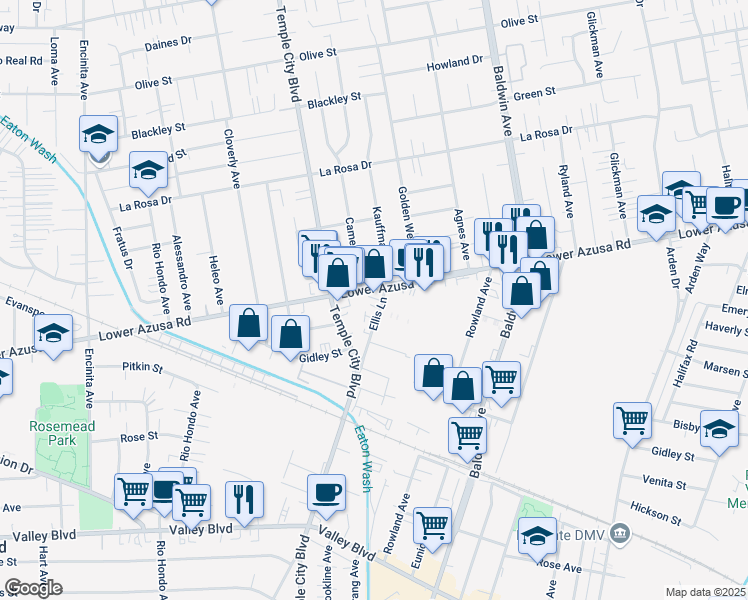 map of restaurants, bars, coffee shops, grocery stores, and more near 4533 Ellis Lane in Temple City