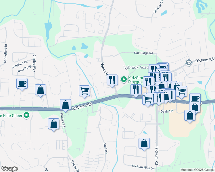 map of restaurants, bars, coffee shops, grocery stores, and more near 792 Neese Road in Woodstock