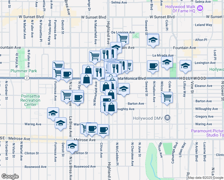 map of restaurants, bars, coffee shops, grocery stores, and more near 1000 North Highland Avenue in Los Angeles