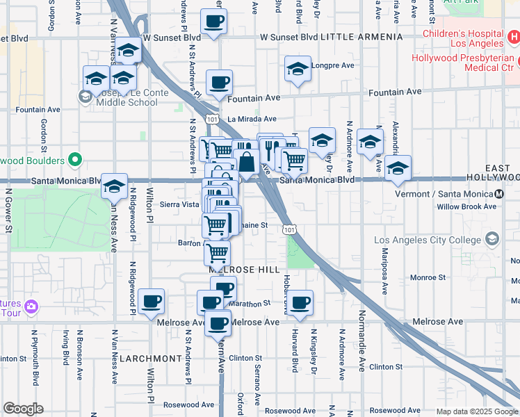 map of restaurants, bars, coffee shops, grocery stores, and more near 1013 North Serrano Avenue in Los Angeles