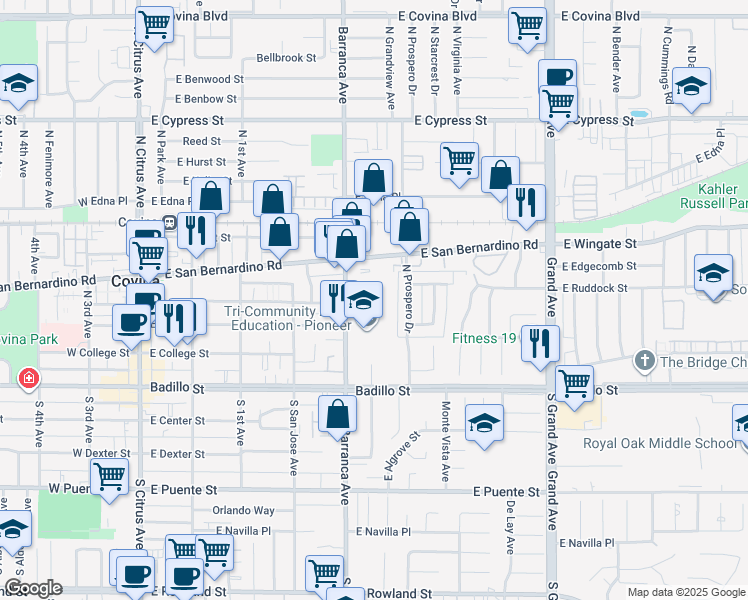 map of restaurants, bars, coffee shops, grocery stores, and more near 544 East Rue Royale Street in Covina