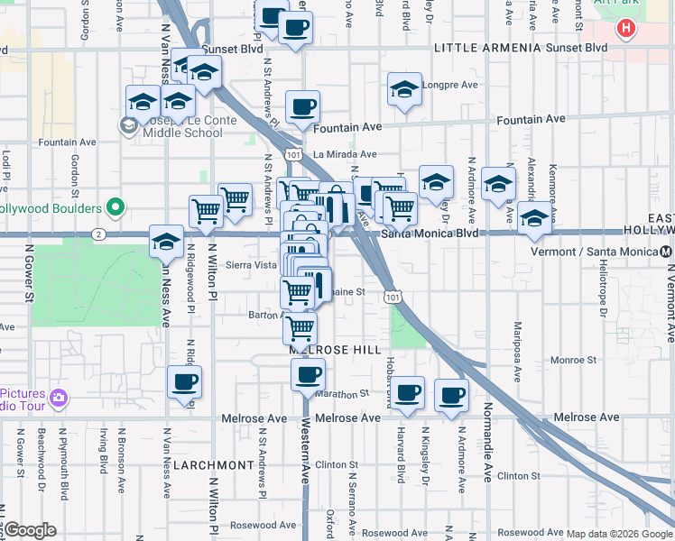 map of restaurants, bars, coffee shops, grocery stores, and more near 1015 North Oxford Avenue in Los Angeles