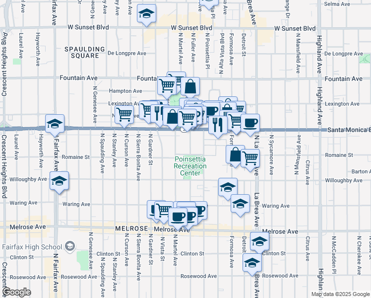 map of restaurants, bars, coffee shops, grocery stores, and more near 1011 North Fuller Avenue in West Hollywood