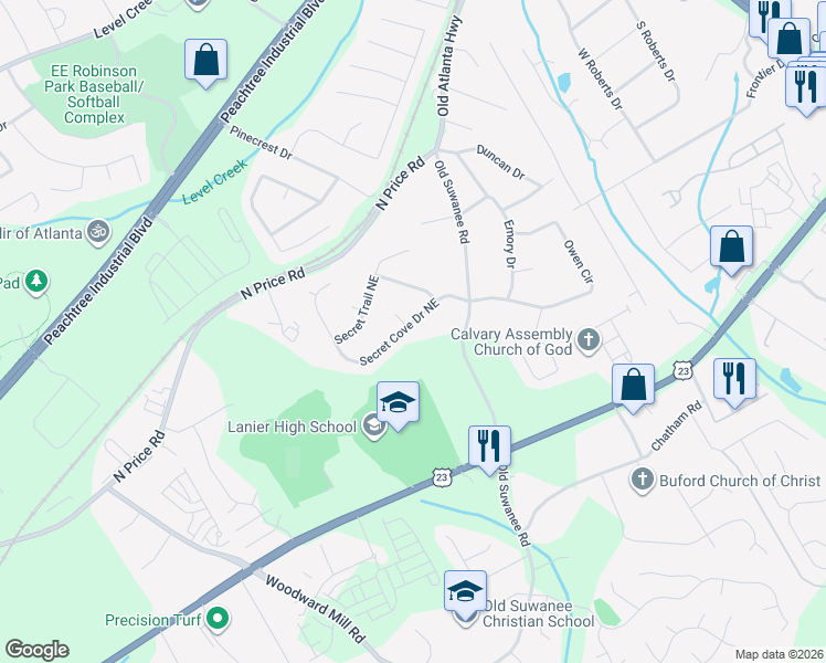 map of restaurants, bars, coffee shops, grocery stores, and more near 1125 Secret Cove Drive Northeast in Sugar Hill