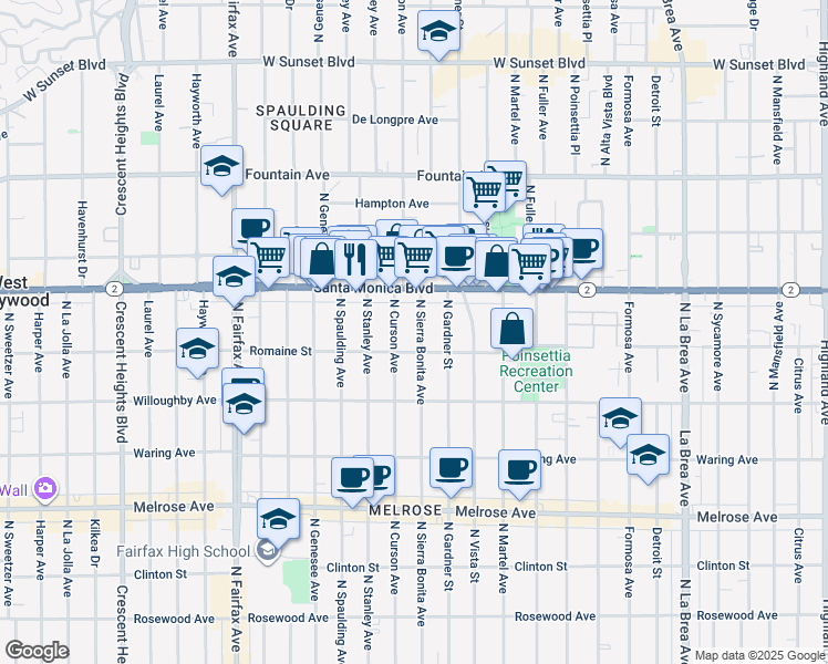 map of restaurants, bars, coffee shops, grocery stores, and more near 1007 North Sierra Bonita Avenue in West Hollywood