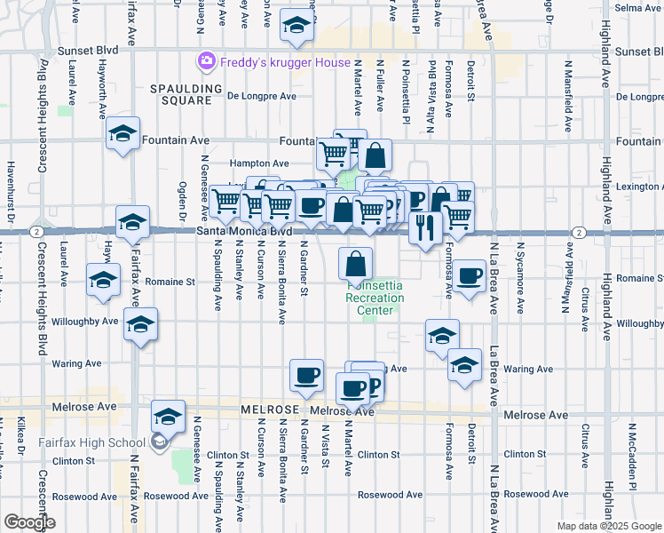 map of restaurants, bars, coffee shops, grocery stores, and more near 1022 North Vista Street in West Hollywood