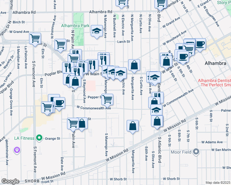 map of restaurants, bars, coffee shops, grocery stores, and more near 2 Alhambra Road in Alhambra