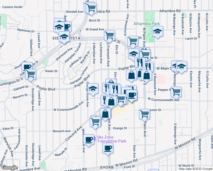 map of restaurants, bars, coffee shops, grocery stores, and more near 421 South Fremont Avenue in Alhambra