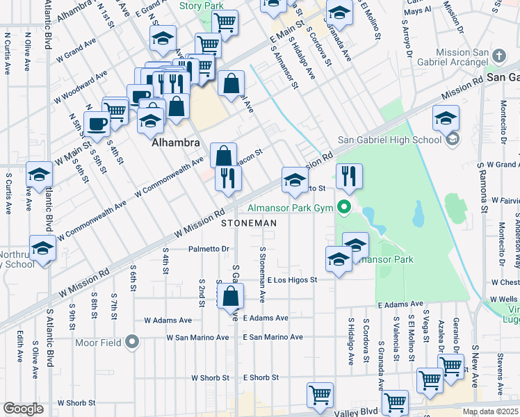 map of restaurants, bars, coffee shops, grocery stores, and more near 24 Park Street in Alhambra