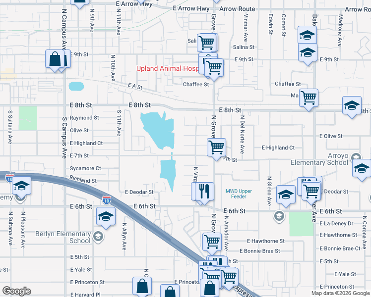 map of restaurants, bars, coffee shops, grocery stores, and more near 1134 East Highland Court in Ontario