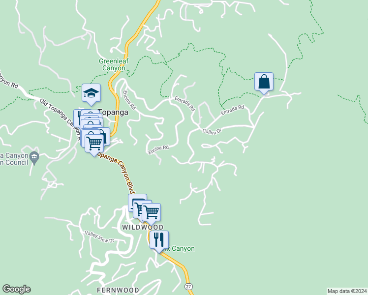 map of restaurants, bars, coffee shops, grocery stores, and more near 21171 Colina Drive in Topanga