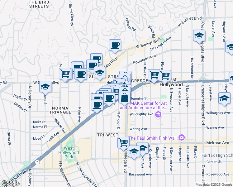 map of restaurants, bars, coffee shops, grocery stores, and more near 8532 North West Knoll Drive in West Hollywood