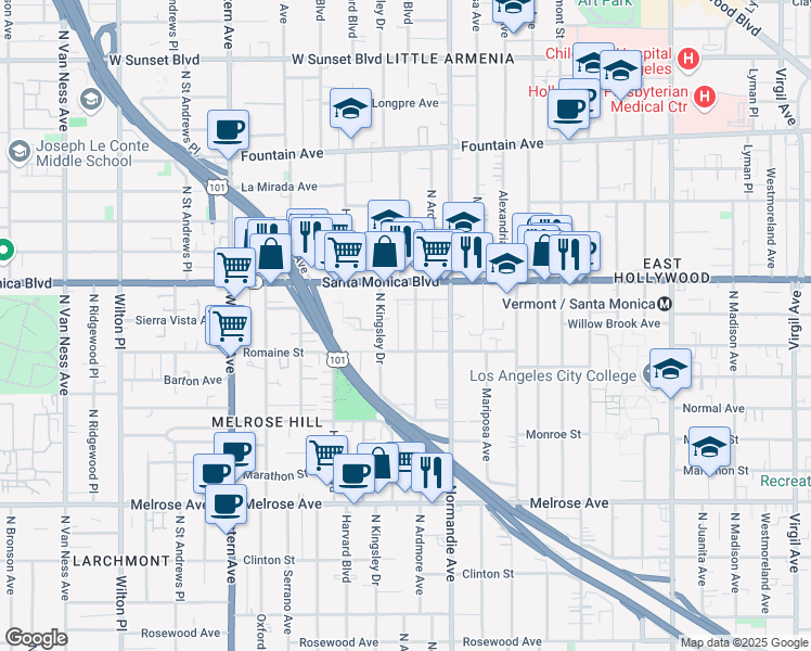 map of restaurants, bars, coffee shops, grocery stores, and more near 1029 North Ardmore Avenue in Los Angeles