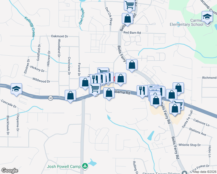 map of restaurants, bars, coffee shops, grocery stores, and more near 6261 Hwy 92 in Acworth