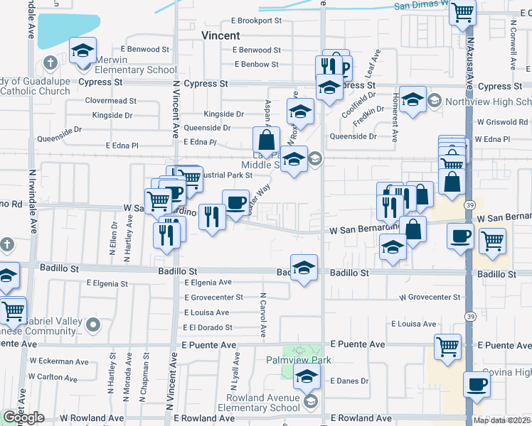 map of restaurants, bars, coffee shops, grocery stores, and more near 1423 West San Bernardino Road in Covina