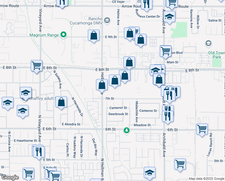 map of restaurants, bars, coffee shops, grocery stores, and more near 9370 7th Street in Rancho Cucamonga