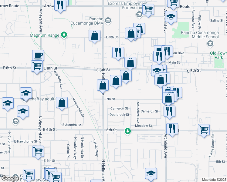 map of restaurants, bars, coffee shops, grocery stores, and more near 9370 7th Street in Rancho Cucamonga