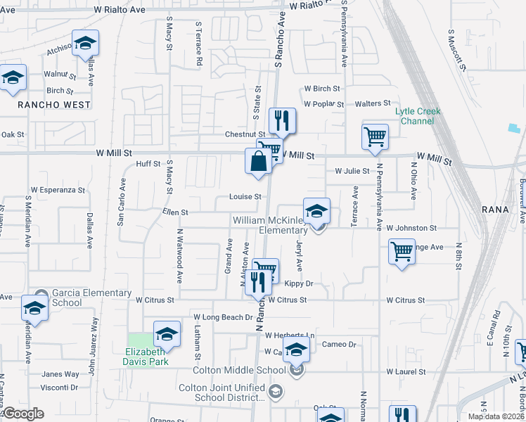 map of restaurants, bars, coffee shops, grocery stores, and more near 800 Ellen Street in Colton