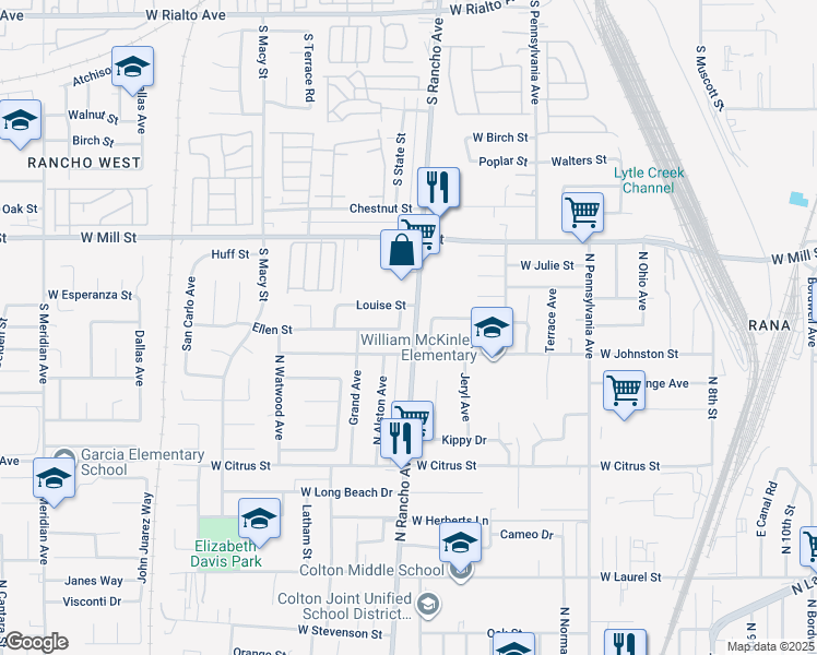 map of restaurants, bars, coffee shops, grocery stores, and more near 1844 North Alston Avenue in Colton