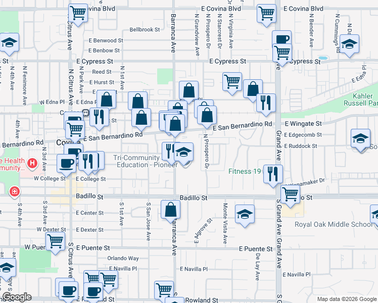 map of restaurants, bars, coffee shops, grocery stores, and more near 544 East Rue Royale Street in Covina