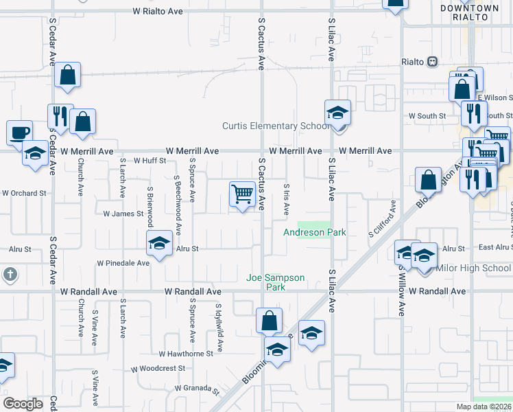 map of restaurants, bars, coffee shops, grocery stores, and more near 700 South Fillmore Avenue in Rialto
