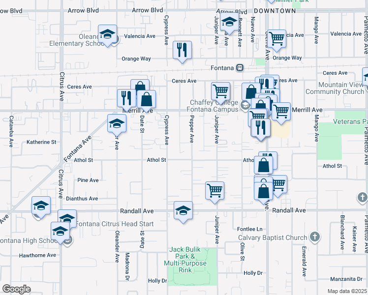 map of restaurants, bars, coffee shops, grocery stores, and more near 9074 Pepper Avenue in Fontana