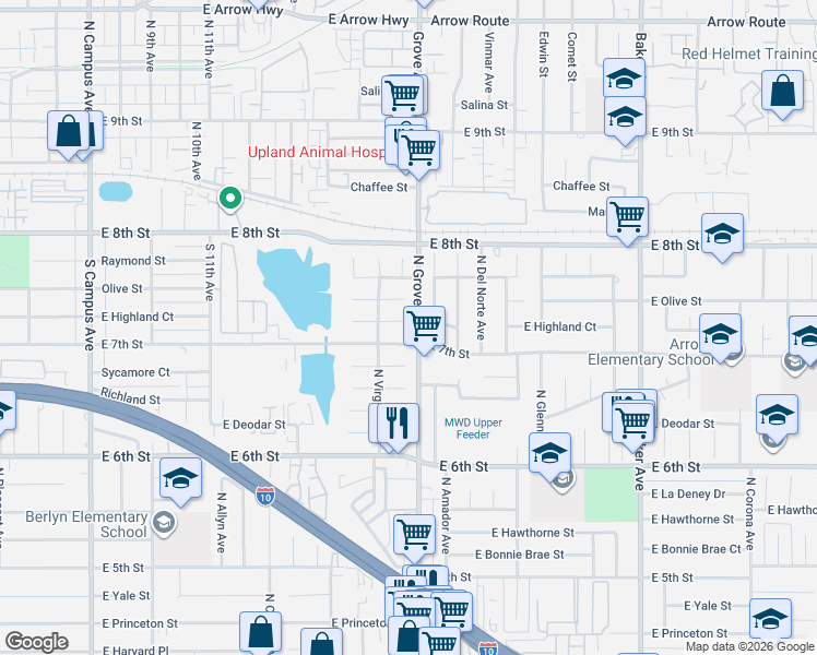 map of restaurants, bars, coffee shops, grocery stores, and more near 1305 East 7th Street in Ontario