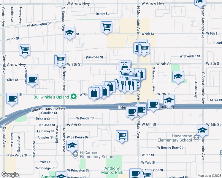 map of restaurants, bars, coffee shops, grocery stores, and more near 388 Stillman Avenue in Upland