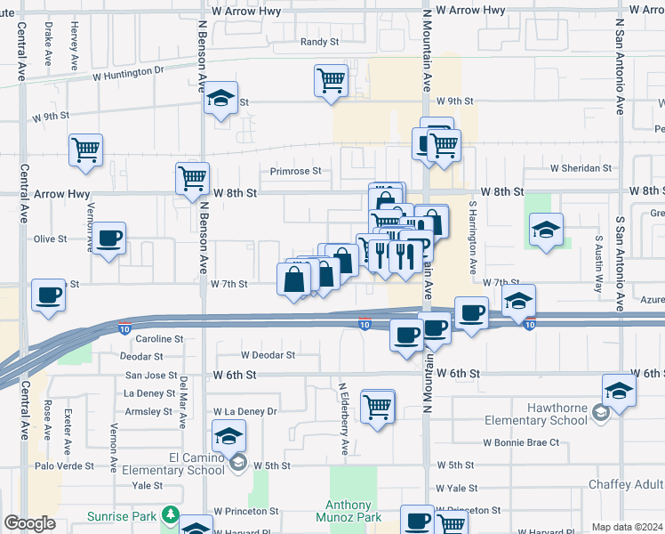 map of restaurants, bars, coffee shops, grocery stores, and more near 1379 West 7th Street in Upland