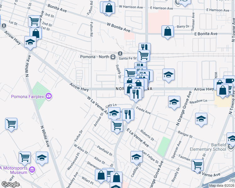 map of restaurants, bars, coffee shops, grocery stores, and more near 263 Golden Carriage Lane in Pomona